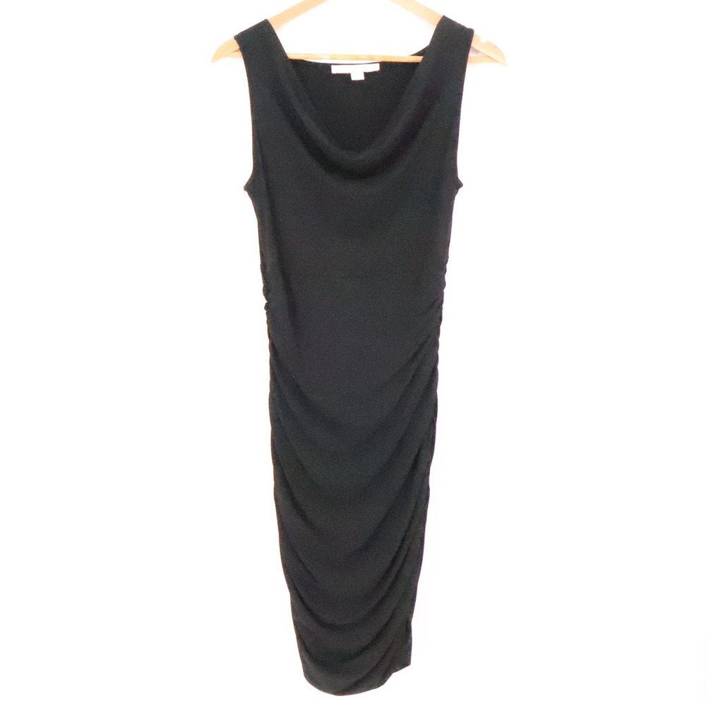 Boston Proper Midi Bodycon Dress Size 4 LBD NYE Black Ruched Timeless Cowl Neck